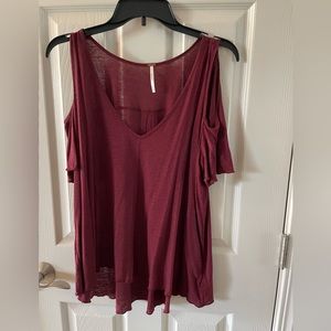 Free People Burgundy flowing cap sleeve V neck shirt